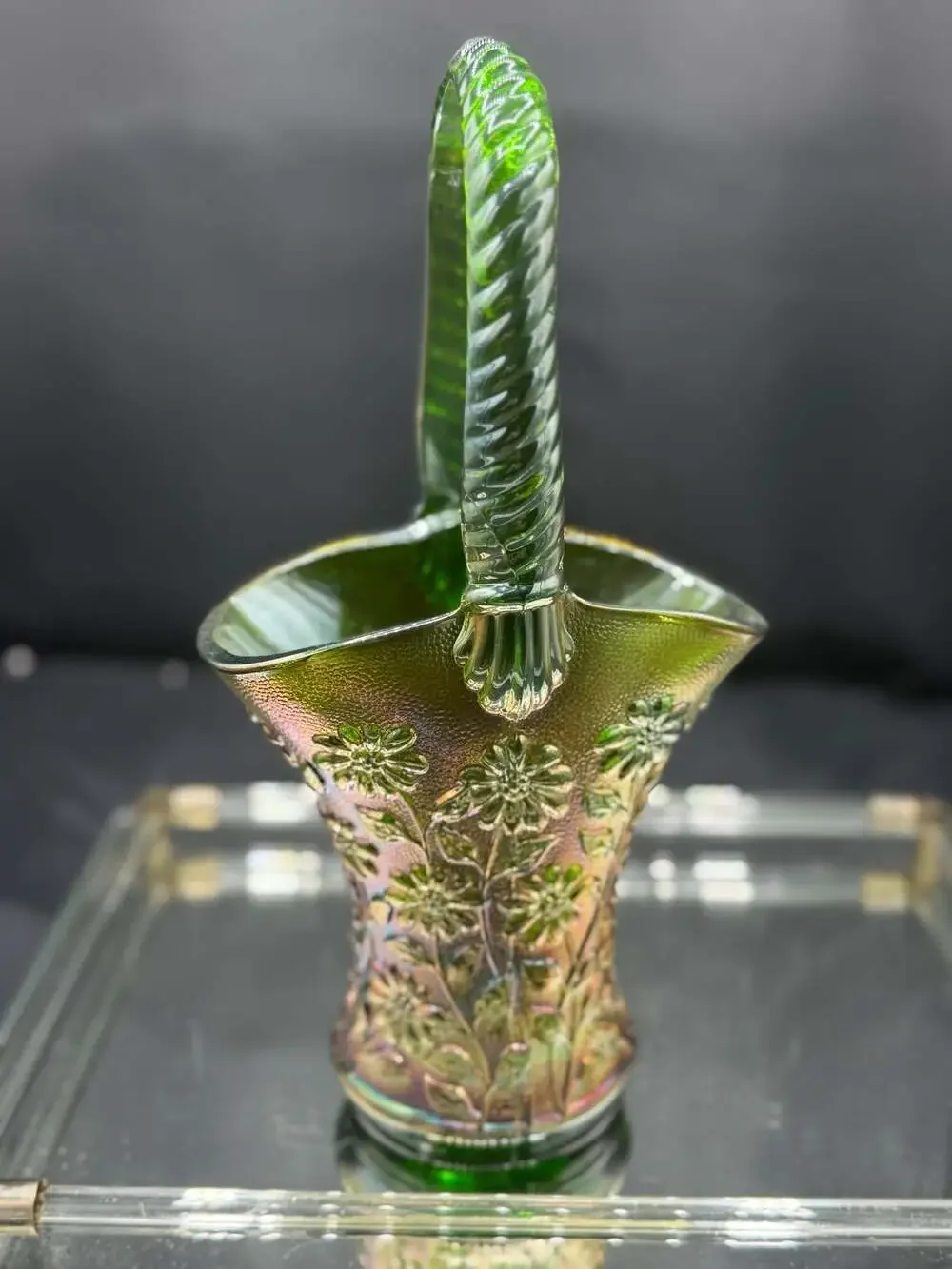 Imperial Helios Green Carnival Glass Daisy Basket